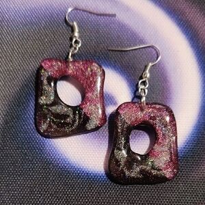 Pink and Black Glitter Square Dangle Earrings.